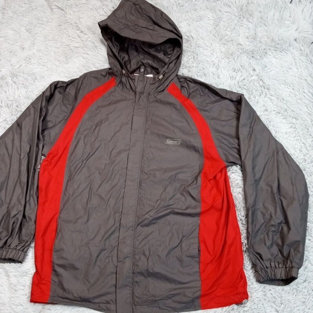 Coleman Mens Jacket Gray L Windbreaker Waterproof Pockets Lined Hood‎ Camping